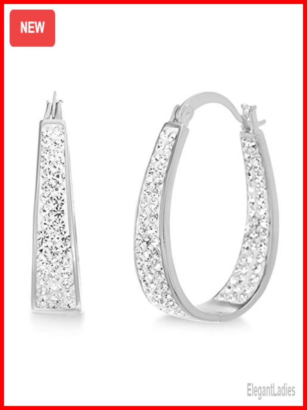 Rhodium Plated Brass Oval Hoop Earrings Crystal Pave Women